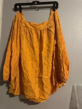 Embroidered Mustard Yellow Peasant Blouse with Puff Sleeves